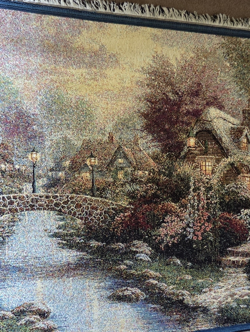 Thomas Kinkade Lamplight Bridge Tapestry Throw Blanket 42 x 62 USA Art Painting